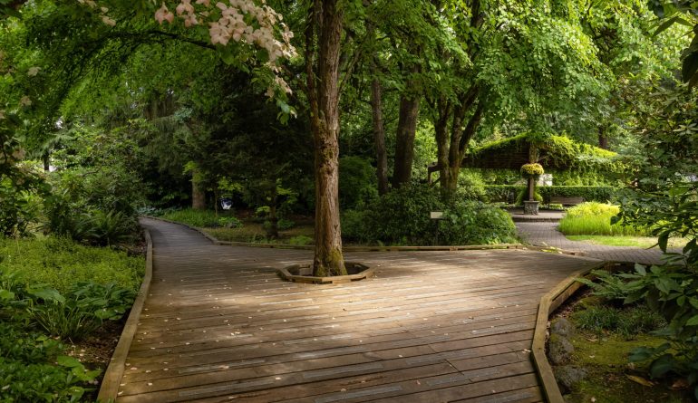 Sendall Gardens in a modern suburban city park. Summer season. Langley, Greater Vancouver, British Columbia, Canada.