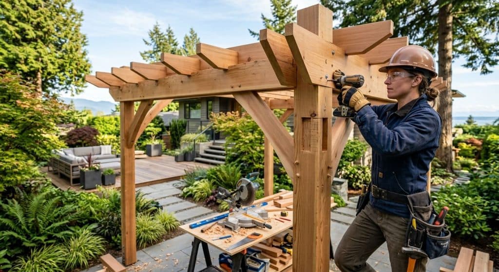 Skilled carpenter assembling wooden pergola with landscaping in modern Vancouver backyard