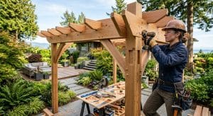 Skilled carpenter assembling wooden pergola with landscaping in modern Vancouver backyard