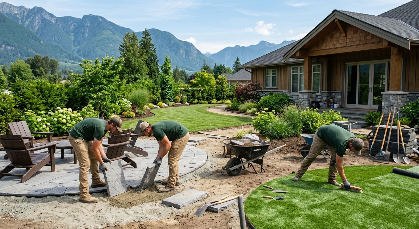 Skilled landscaping team installing artificial turf, paver patio, shrubs and sod in a transformed residential backyard in Fraser Valley with mountain view.
