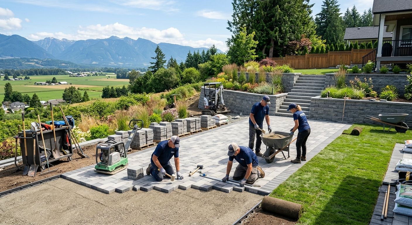 Professional landscaping team installing modern paver patio in lush Fraser Valley backyard with green lawn and mountain views