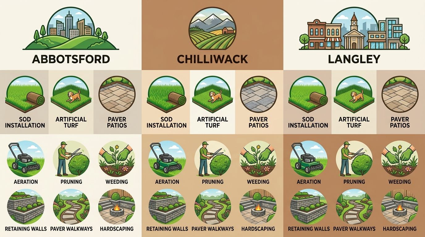 Infographic comparing landscaping services across Abbotsford, Chilliwack, and Langley in Fraser Valley, with icons for sod, turf, patios, maintenance, and specialties.