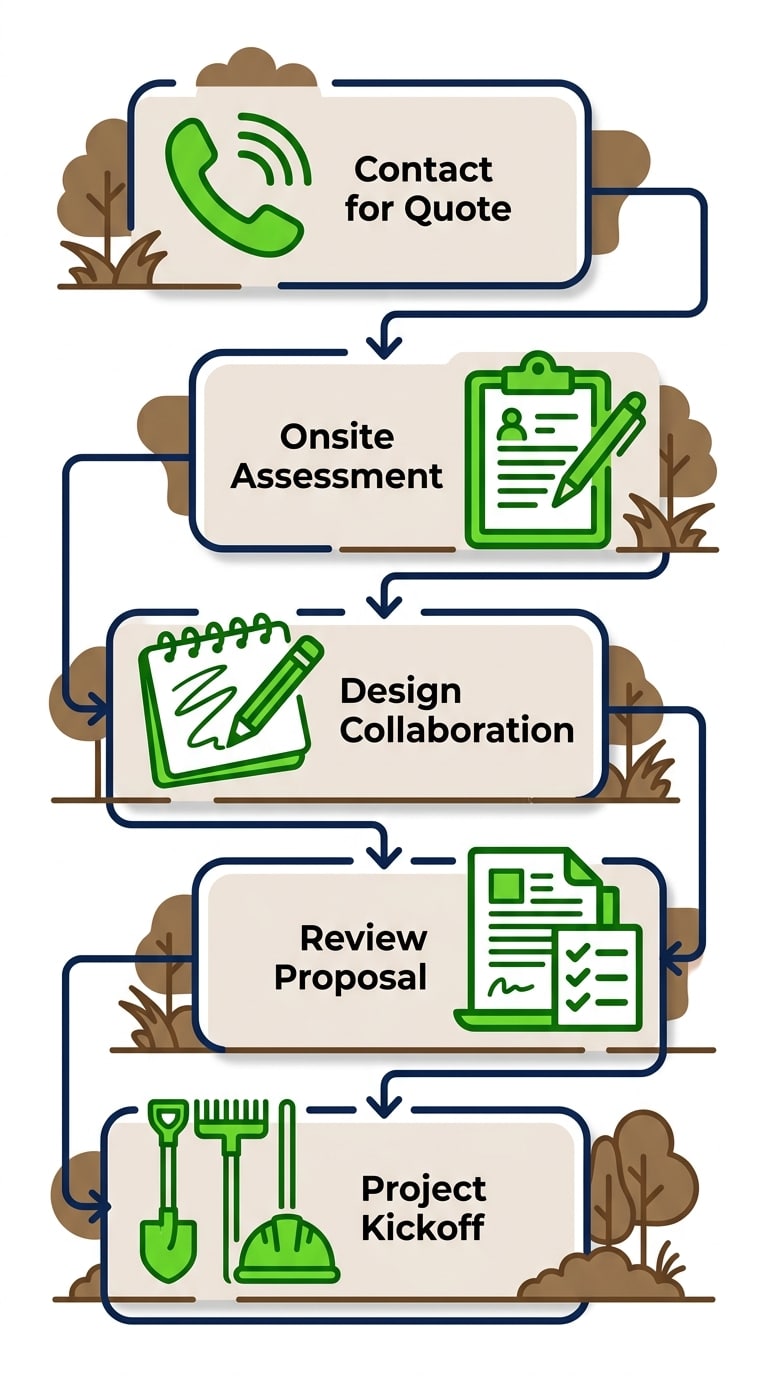 Vertical process flow illustrating five steps to begin a landscaping project: contact for quote, onsite assessment, design collaboration, review proposal, and project kickoff.