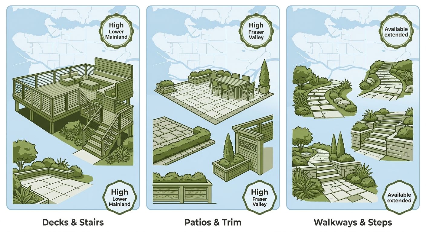 Infographic comparing landscaping projects and service availability in Vancouver neighborhoods Yaletown, Kitsilano, West End.