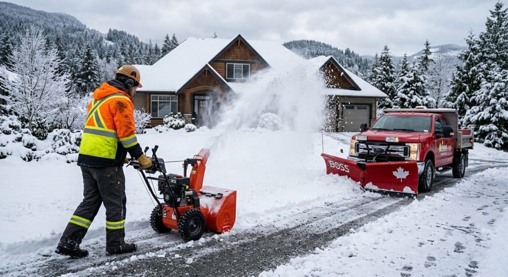 Professional snow removal scene in the Fraser Valley featuring a Hughes Landscacing worker in high-visibility gear operating a snowblower to clear a residential driveway edge, with a freshly plowed driveway, a Canadian-style home, and snow-covered evergreen trees in the background under overcast winter daylight