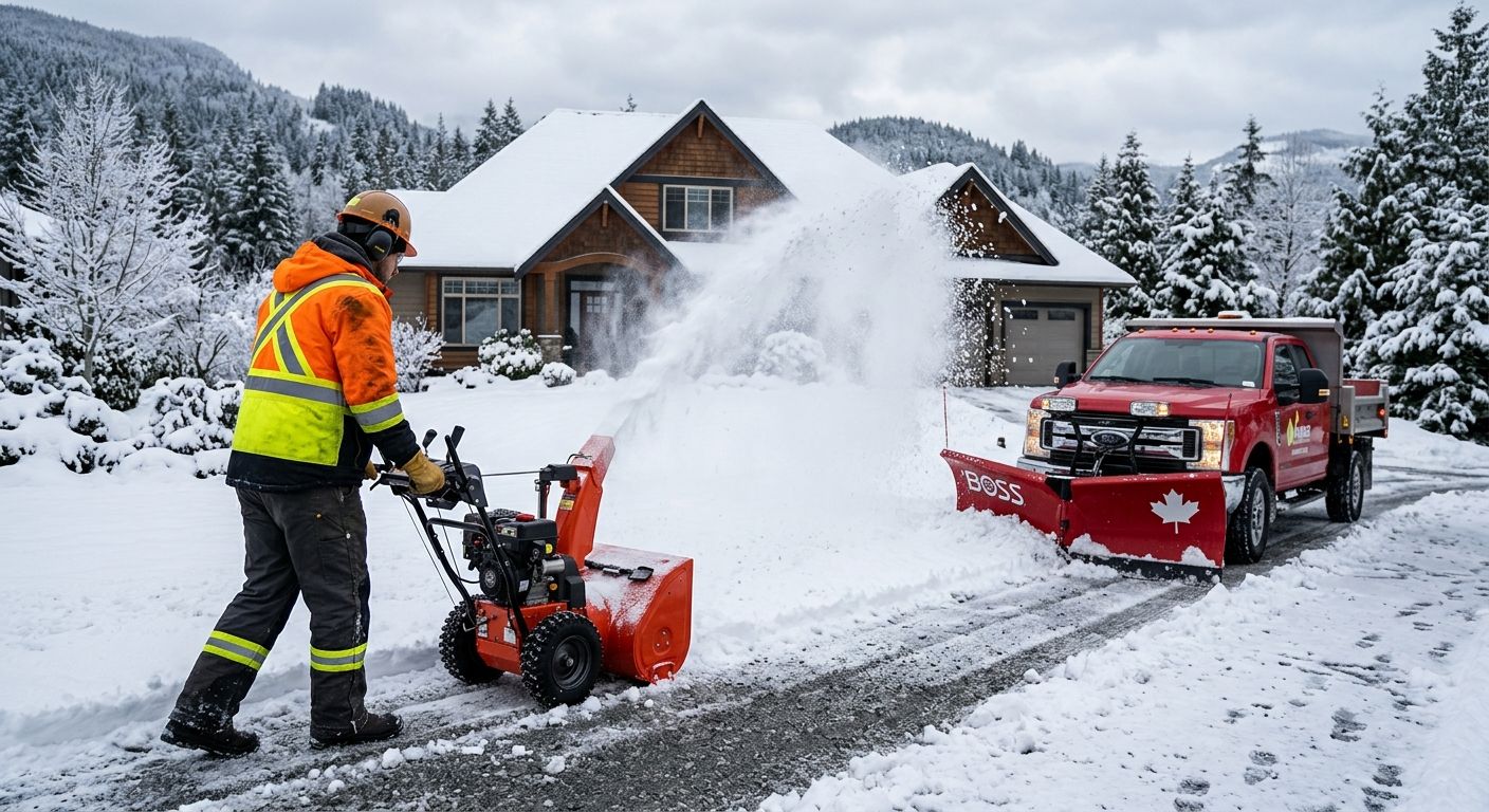 Professional snow removal scene in the Fraser Valley featuring a Hughes Landscacing worker in high-visibility gear operating a snowblower to clear a residential driveway edge, with a freshly plowed driveway, a Canadian-style home, and snow-covered evergreen trees in the background under overcast winter daylight
