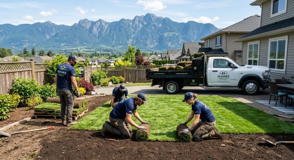 Hughes Landscaping crew installing fresh green sod in a Chilliwack backyard with mountain backdrop under bright daylight, workers in uniform aligning Kentucky bluegrass rolls on soil.