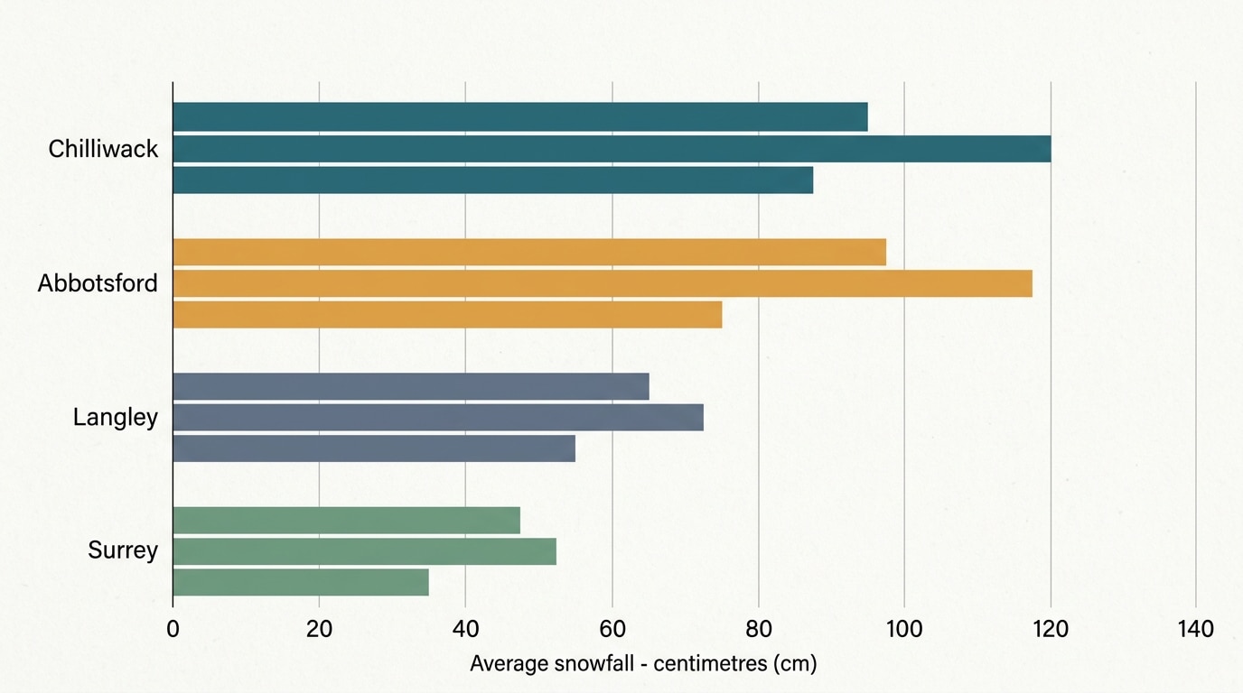 Horizontal grouped bar chart comparing average snowfall in centimetres for Chilliwack, Abbotsford, Langley, and Surrey based on Government of Canada climate norms, suitable for a winter services guide.