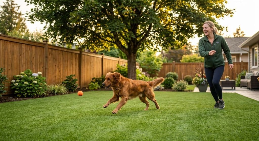 Woman playing fetch with golden retriever on lush artificial grass lawn in Langley backyard with warm sunset light and maple tree