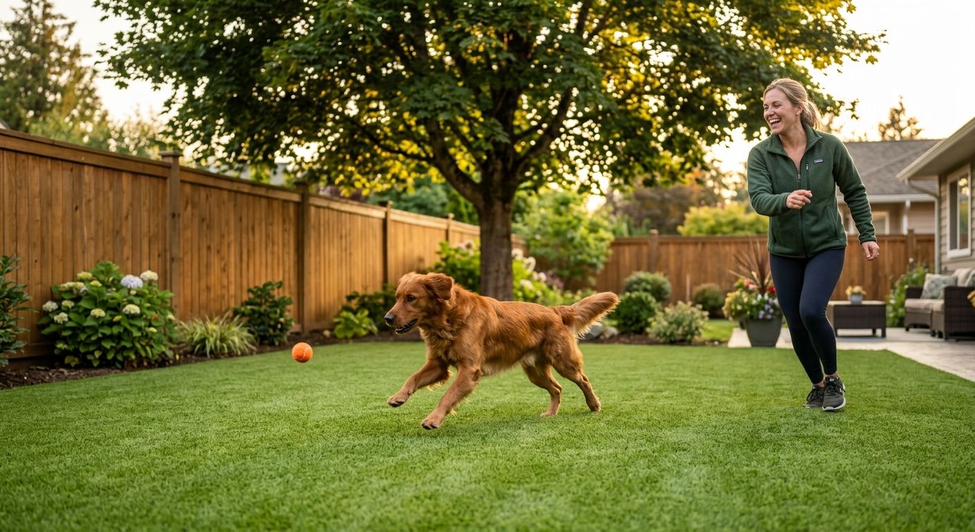 Woman playing fetch with golden retriever on lush artificial grass lawn in Langley backyard with warm sunset light and maple tree