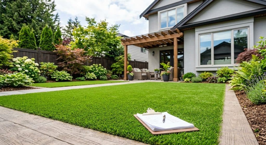 Professional photograph of a lush, green artificial lawn in a Surrey, British Columbia residential backyard, with a landscaper's clipboard suggesting cost evaluation.