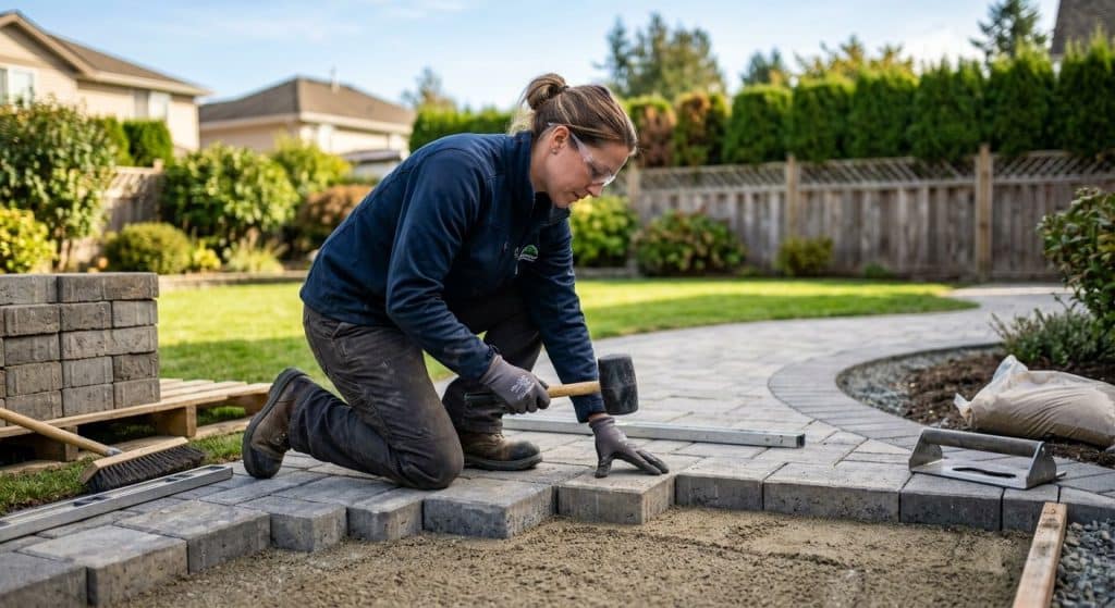 Landscaper laying pavers in Chilliwack backyard for new patio installation