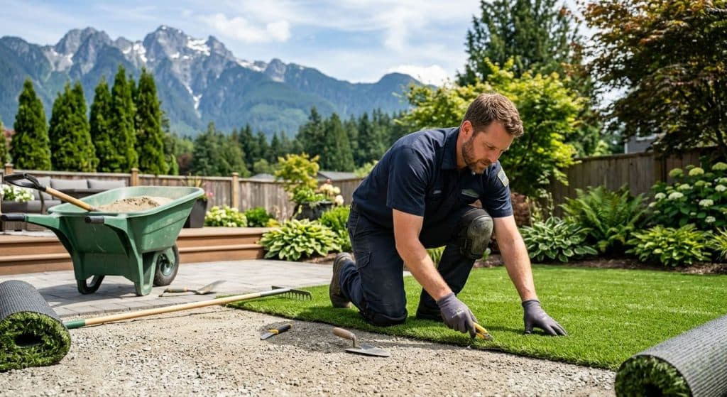Professional landscaper in branded uniform installing artificial turf in a Fraser Valley backyard with mountains in the background and tools nearby