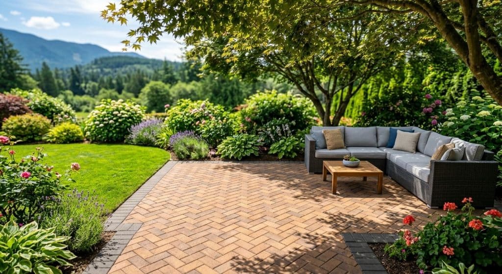 Professional photograph of a beautifully installed paver patio in a residential backyard in the Fraser Valley, BC. The patio features a herringbone pattern with warm earth-toned bricks, surrounded by lush green lawn and flowering shrubs. A modern outdoor seating set with cushions invites relaxation.