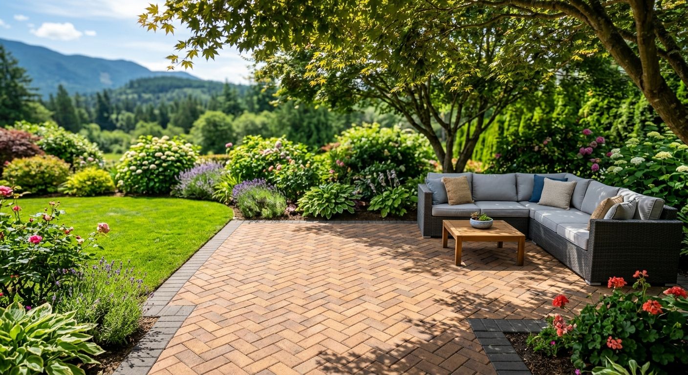 Professional photograph of a beautifully installed paver patio in a residential backyard in the Fraser Valley, BC. The patio features a herringbone pattern with warm earth-toned bricks, surrounded by lush green lawn and flowering shrubs. A modern outdoor seating set with cushions invites relaxation.
