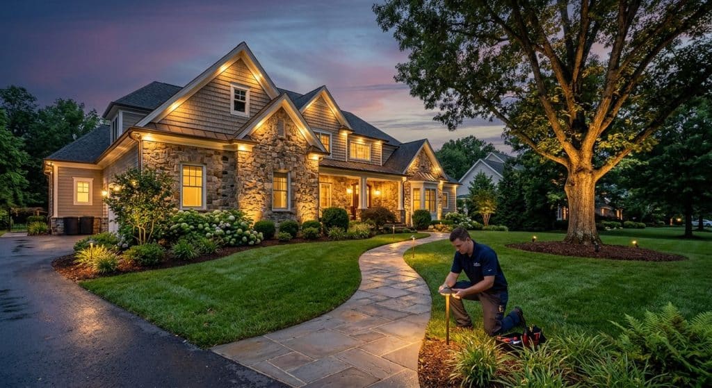 A Hughes Landscaping technician in uniform adjusts a landscape light fixture beside a warmly lit stone walkway at twilight, with accent lighting on a mature tree and house façade.