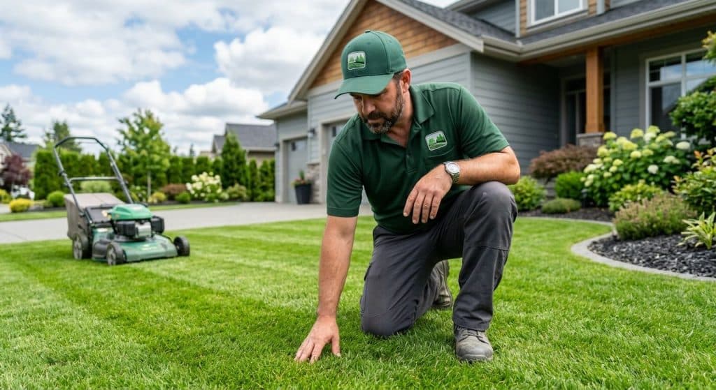 Landscaper from Hughes Landscaping in branded polo shirt and cap inspecting a freshly mown lawn in a sunny suburban Fraser Valley yard