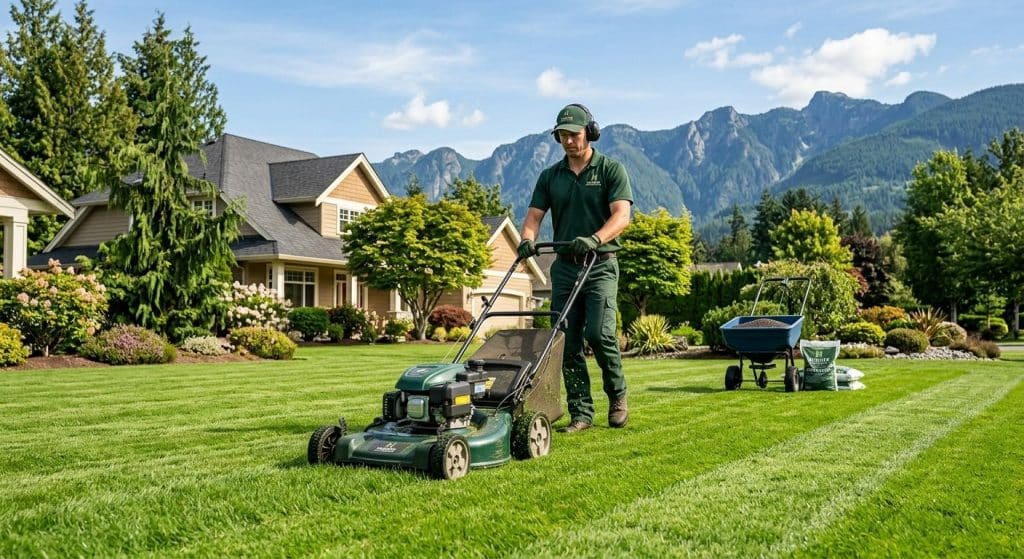 Professional landscaper in uniform mowing a lush green lawn with stripe-perfect grass in a Fraser Valley residential property, with a tidy house and mountains in the background.