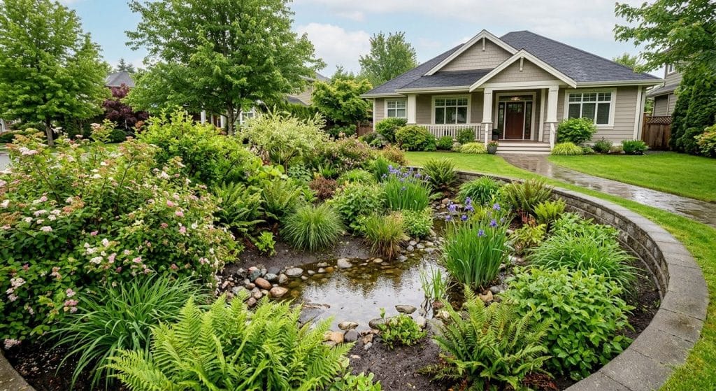 Sustainable rain garden in front of a Langley home with blooming native shrubs, ferns, and grasses under soft natural light.