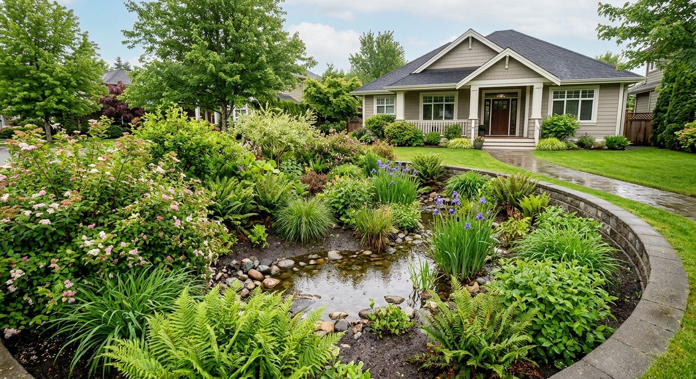Sustainable rain garden in front of a Langley home with blooming native shrubs, ferns, and grasses under soft natural light.