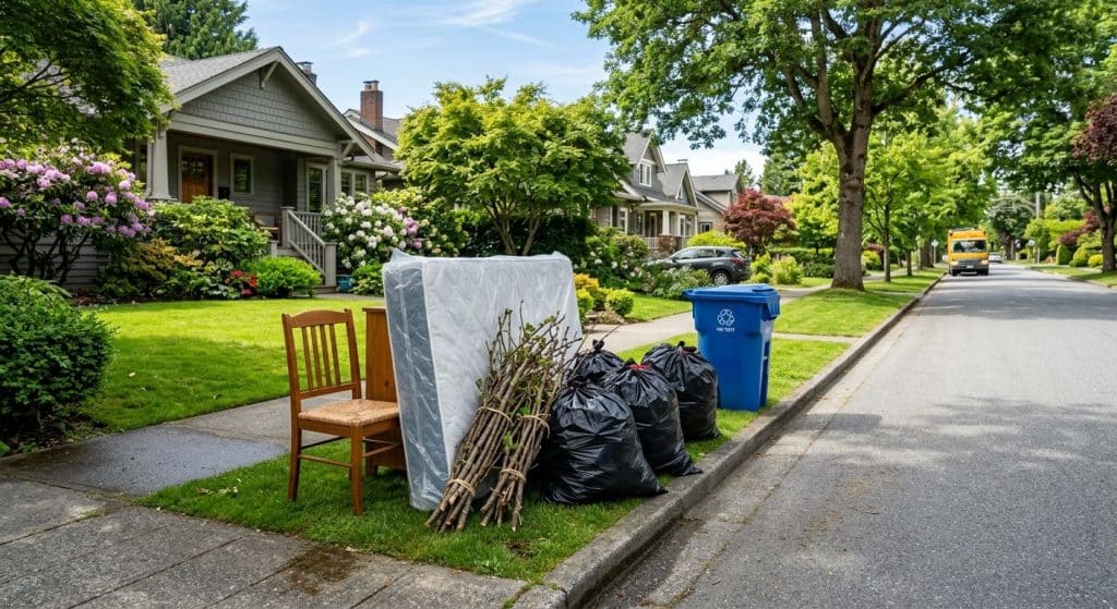 Curbside bulk item pickup in a Vancouver residential neighborhood with neatly arranged waste, recycle bin, and a municipal truck in the background