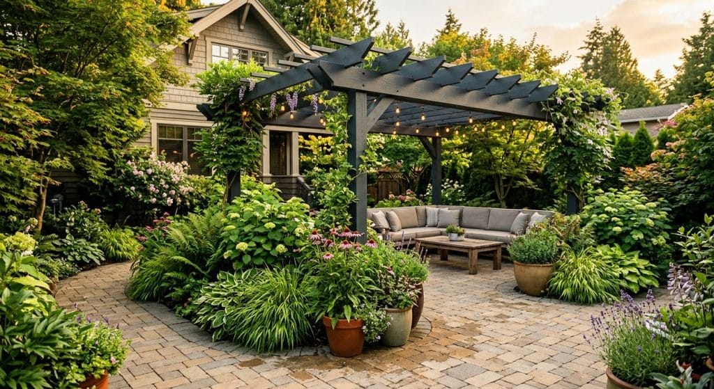 Custom designed backyard patio with interlocking pavers, covered pergola, and lush landscaping in the Lower Mainland