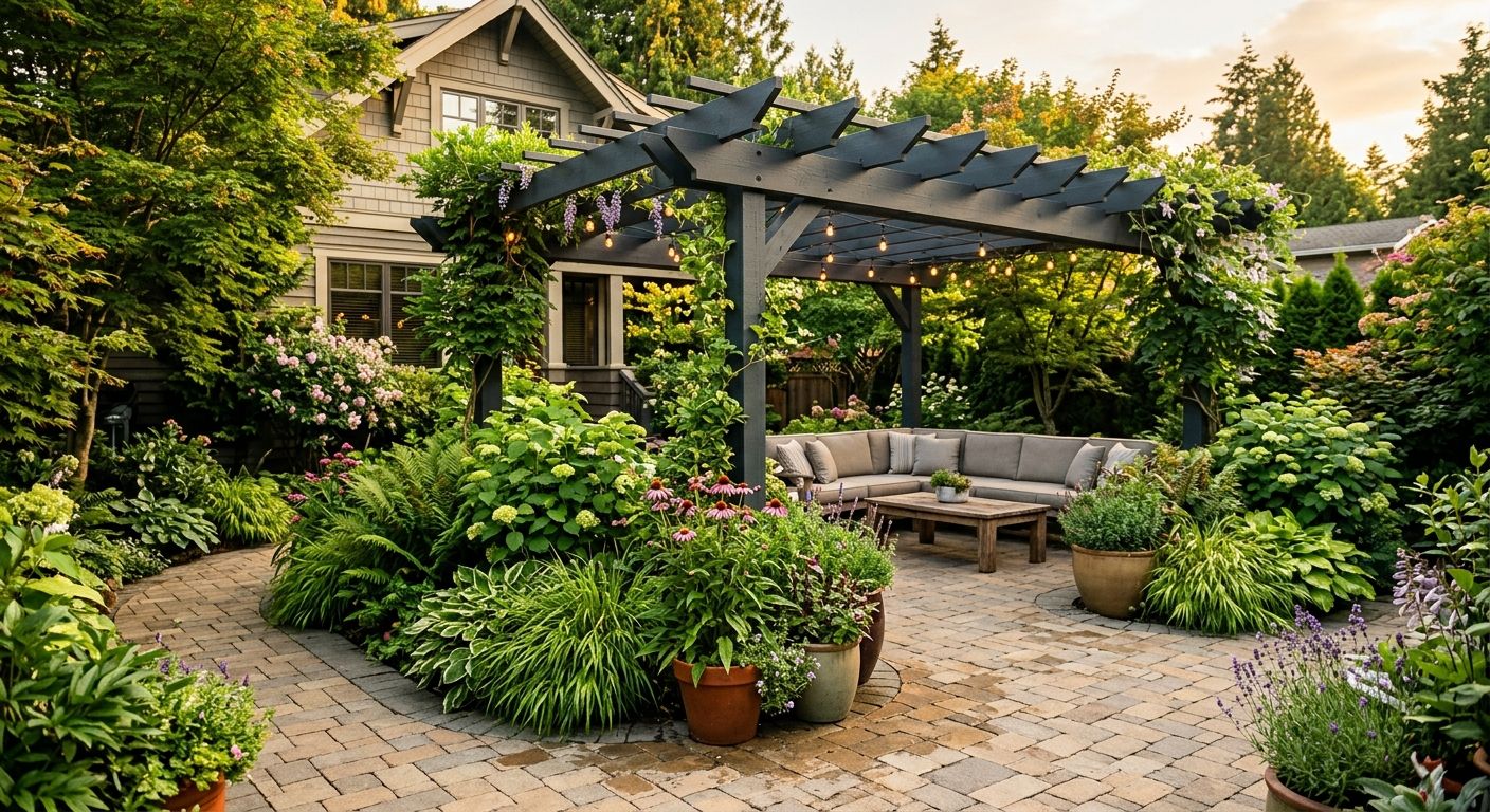 Custom designed backyard patio with interlocking pavers, covered pergola, and lush landscaping in the Lower Mainland