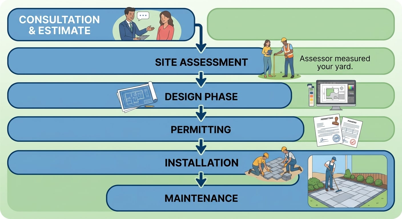 Vertical process flow showing six steps for a patio project from consultation to maintenance with blue and green accents