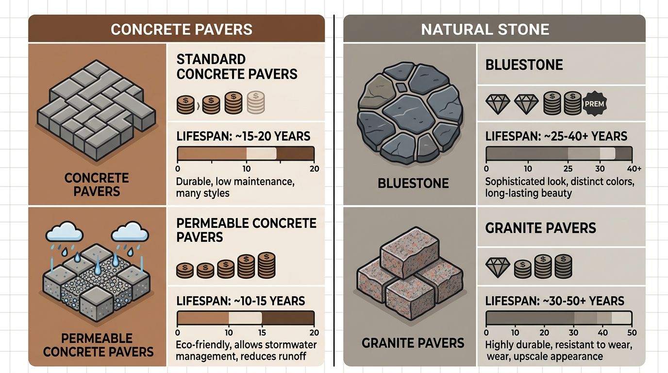 Paver patio cost comparison infographic showing concrete and natural stone materials with lifespan bars and cost indicators