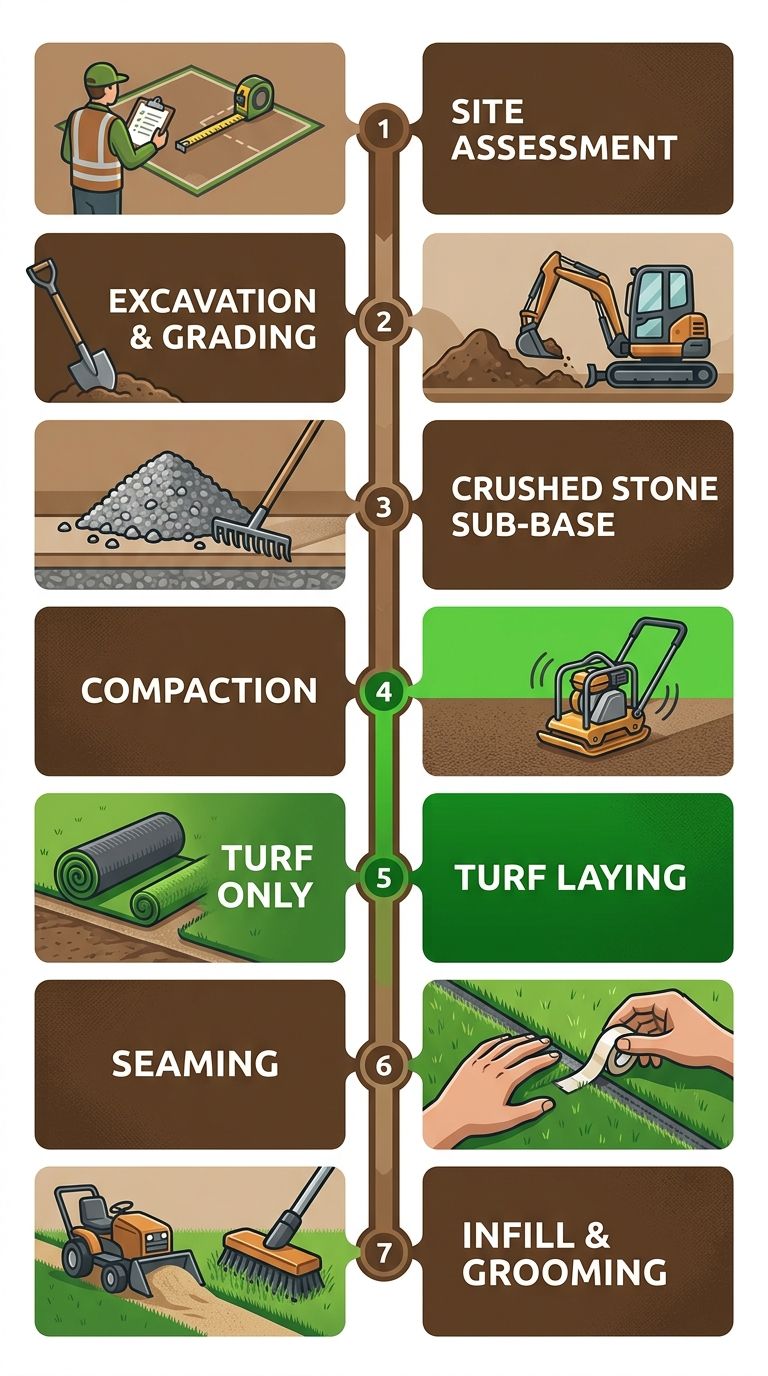 Vertical process flow diagram of seven stages for artificial turf installation: Site Assessment, Excavation & Grading, Crushed Stone Sub-Base, Compaction, Turf Laying, Seaming, Infill & Grooming, with arrows connecting each step and icons in green and earthy tones.