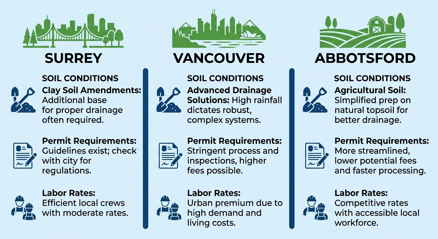 Comparison infographic for artificial grass costs in Surrey, Vancouver, and Abbotsford