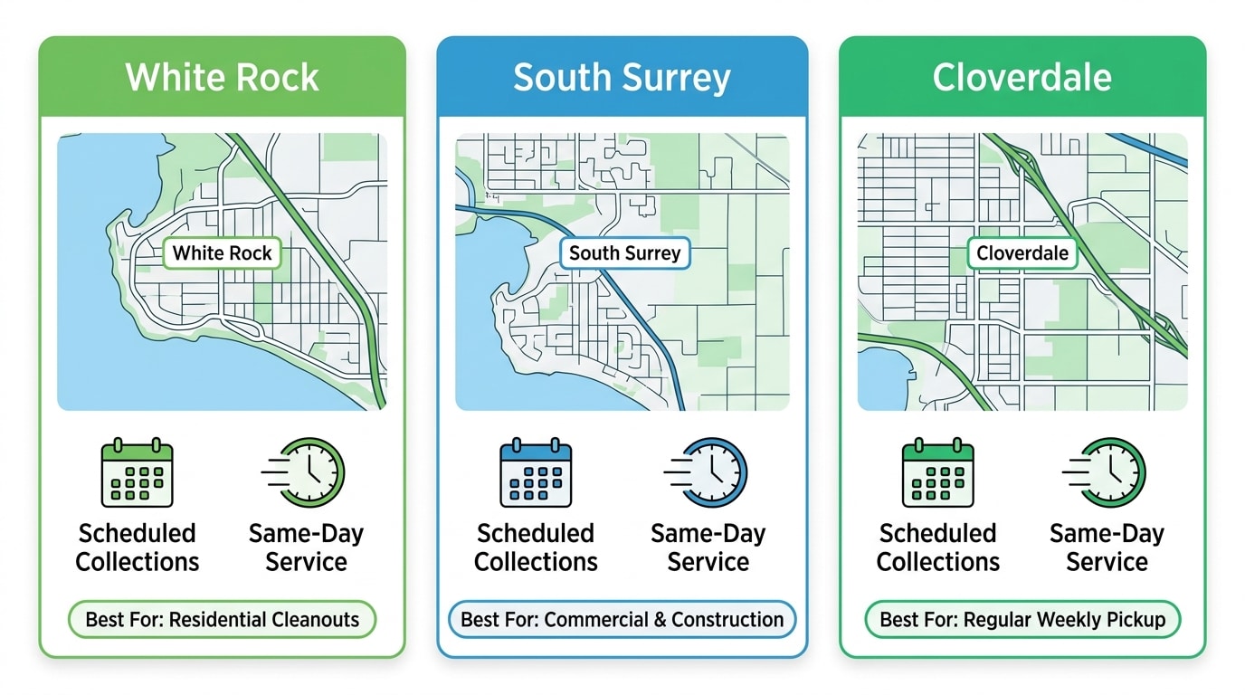Comparison of rubbish removal services in White Rock, South Surrey, and Cloverdale with icons for scheduled and same-day options
