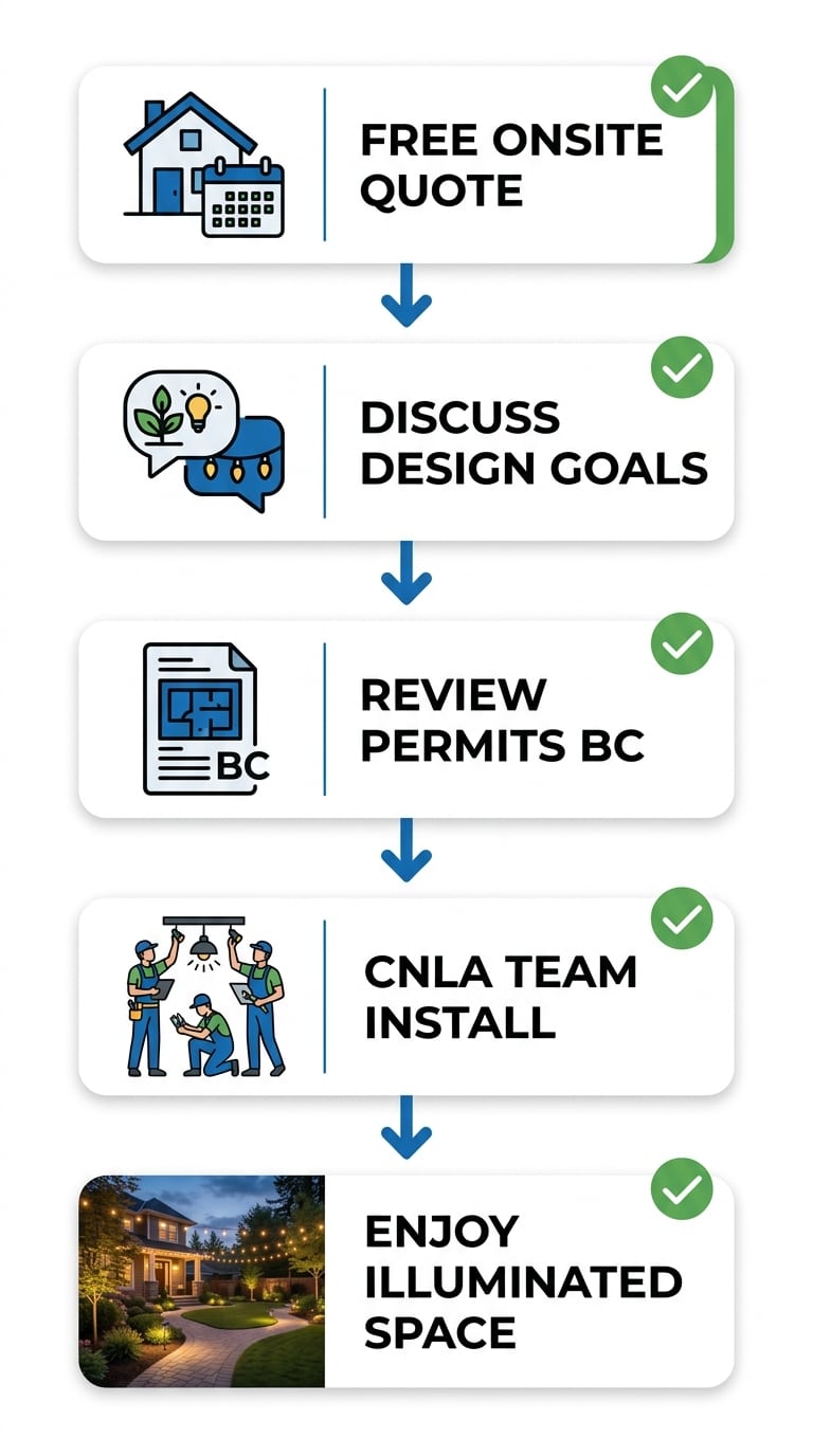 Diagram of five steps for landscape lighting installation near Langley, showing the process from consultation to completed installation.