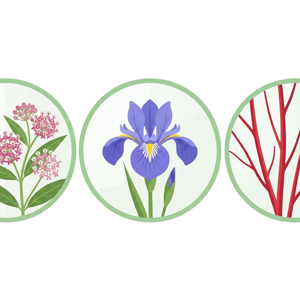 Icons of Swamp Milkweed, Blue Flag Iris, and Red Osier Dogwood for Langley rain gardens