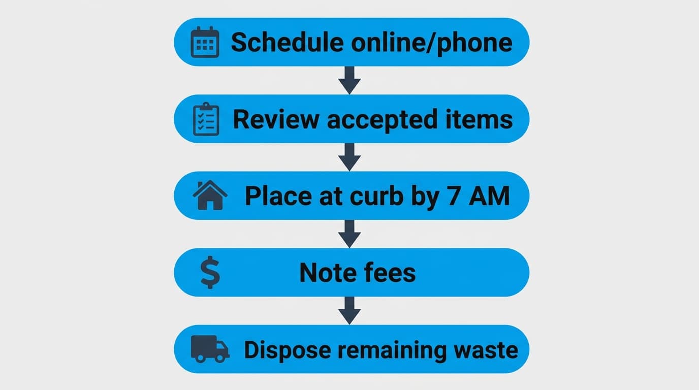 Five-step vertical process flow for arranging a bulk pickup in Vancouver: schedule, review accepted items, place at curb by 7 AM, note fees, and dispose remaining waste.