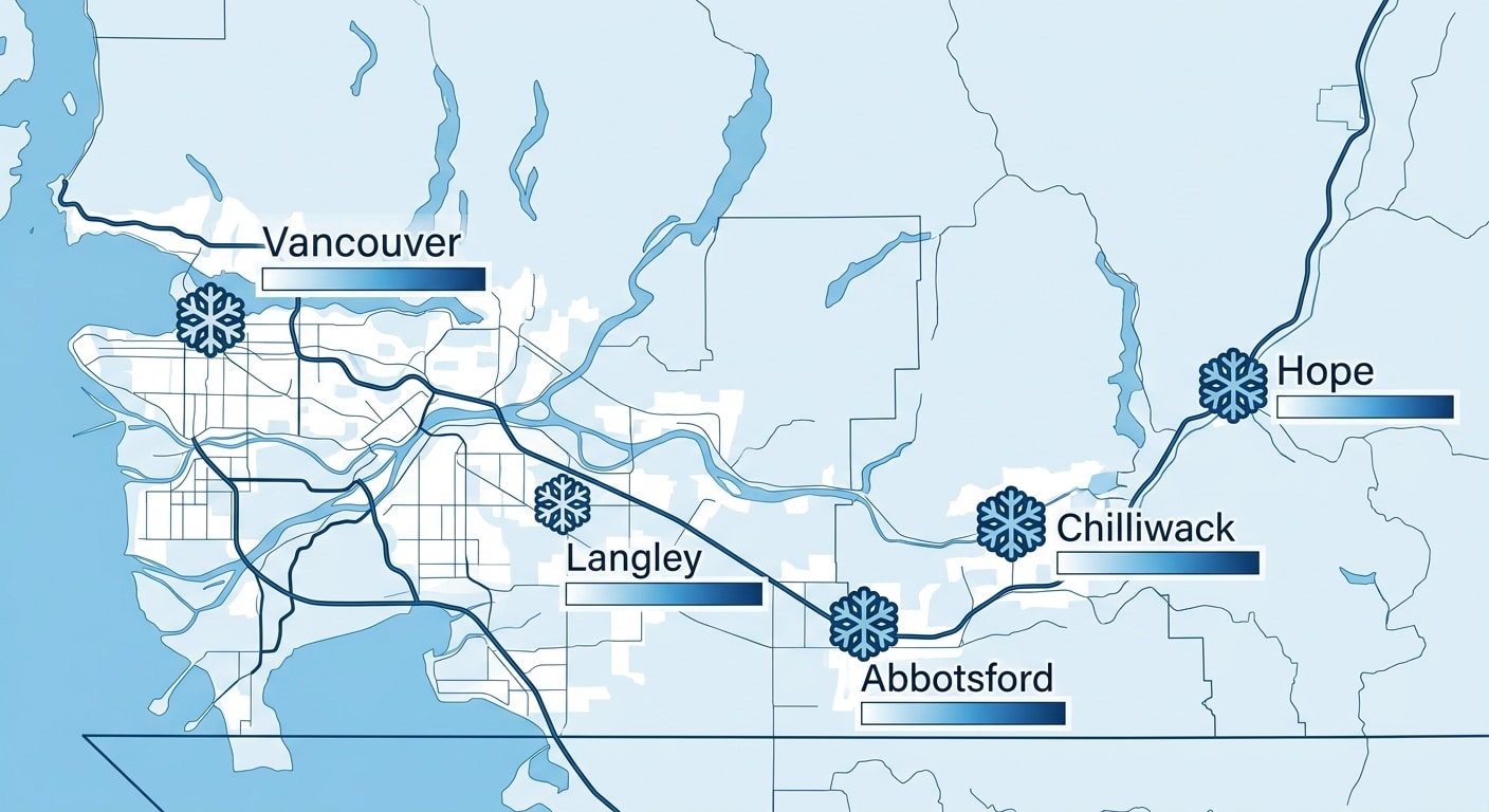 Color-coded infographic map of the Lower Mainland and Fraser Valley showing snowfall intensity gradient from Vancouver to Hope