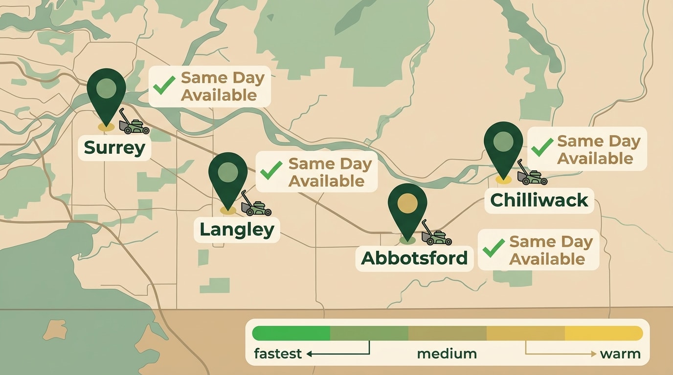 Infographic map of the Fraser Valley highlighting Abbotsford, Chilliwack, Langley, and Surrey with green lawn mower icons, checkmarks, and same day availability indicators using earth-tone gradients and clean typography