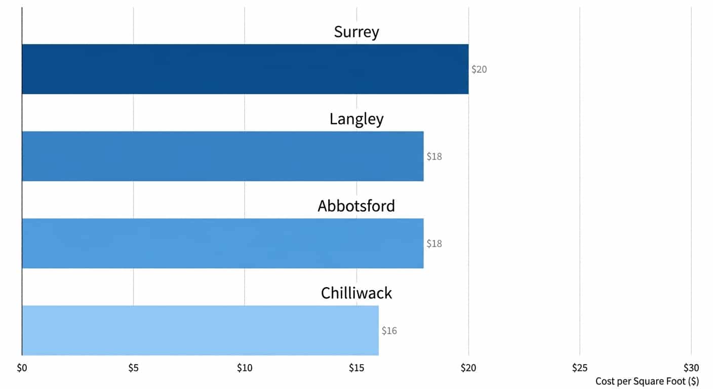 Horizontal bar chart comparing paver installation costs per square foot across Chilliwack, Abbotsford, Langley, and Surrey in the Fraser Valley