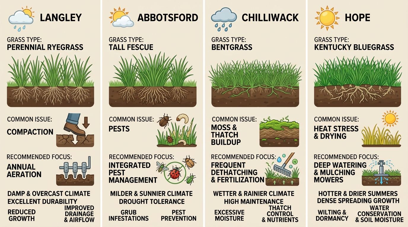 Infographic comparing lawn care considerations across four Fraser Valley communities Langley, Abbotsford, Chilliwack, and Hope with four vertical panels showing climate icons, grass types, common issues, and focus areas