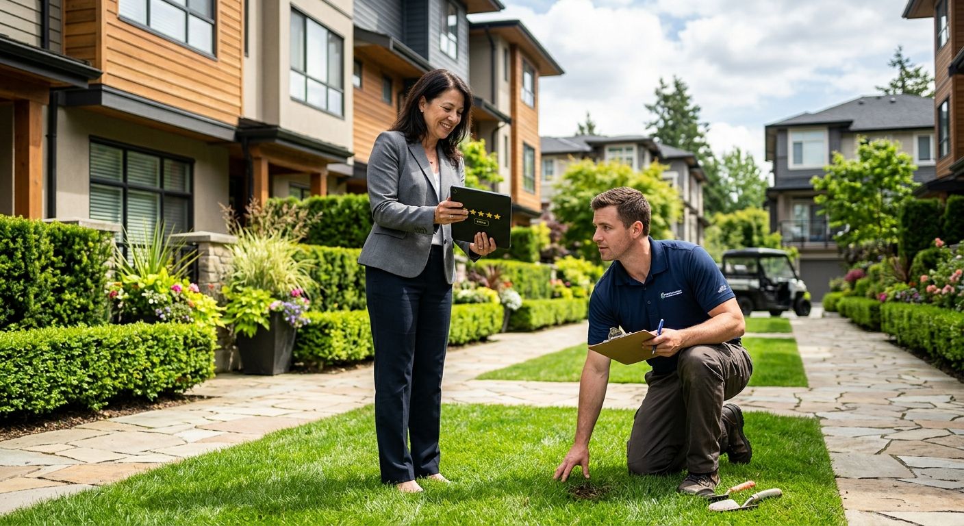 Strata council member holding a tablet with star ratings while a uniformed landscaper kneels inspecting turf in a Vancouver townhouse complex