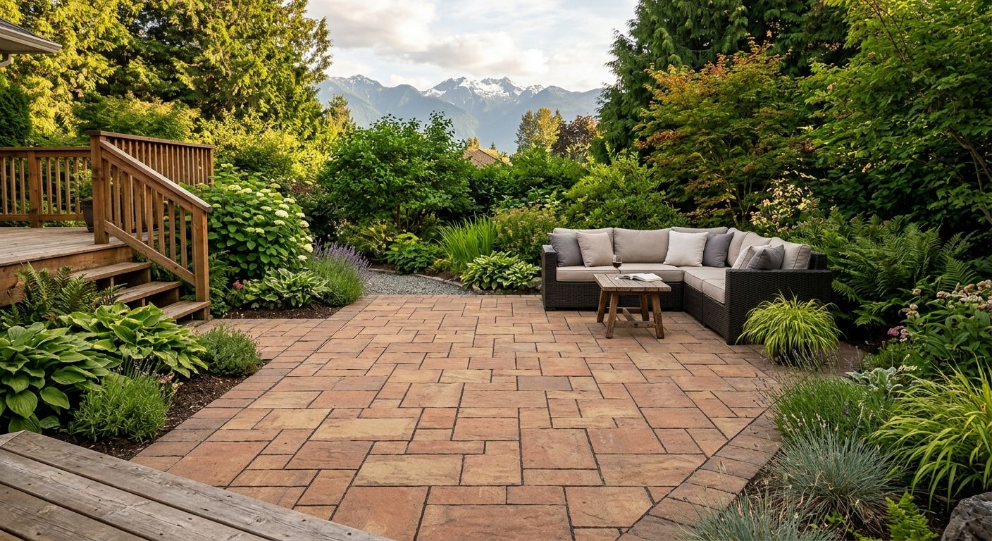 Warm earth tone paver patio in a Fraser Valley backyard with terracotta and sandstone colours, bordered by lush greenery and a wooden deck, with partial mountain view.
