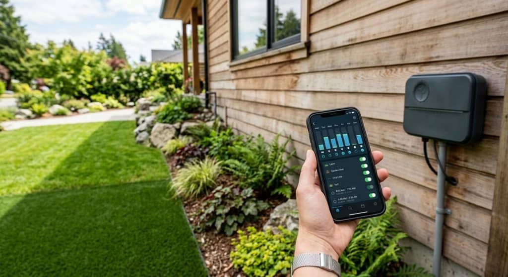 Smart irrigation controller on a home wall with a hand holding a smartphone showing the watering schedule, lush lawn and artificial turf in the foreground