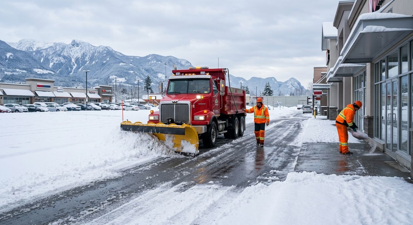 Professional winter photograph of a commercial snow plow truck clearing a parking lot in Abbotsford, British Columbia, with workers in high-visibility gear.