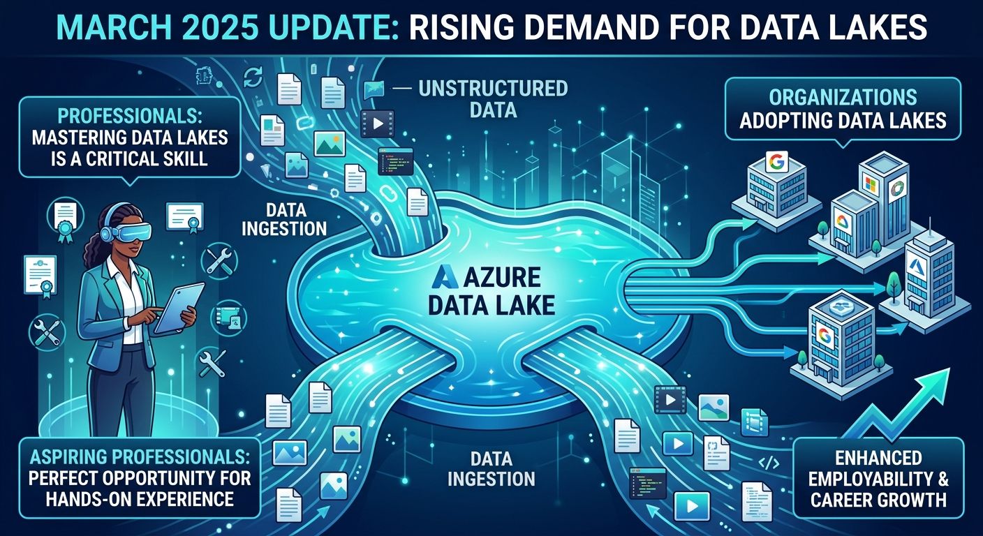 Illustration of a modern data lake concept with various data streams flowing into a central repository, surrounded by analytics tools and cloud storage icons, Azure-inspired design, no text
