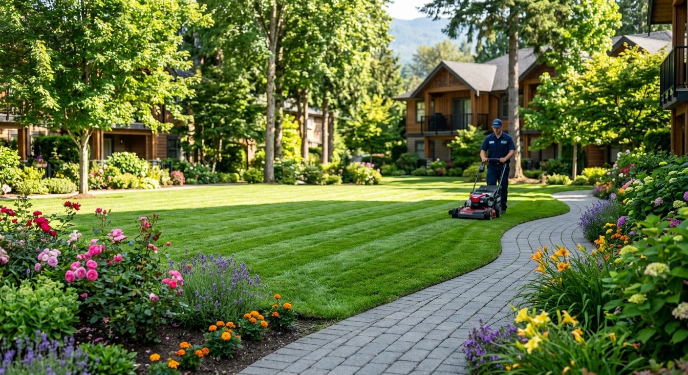Professional photograph of a landscaper maintaining a pristine strata common area in the Fraser Valley