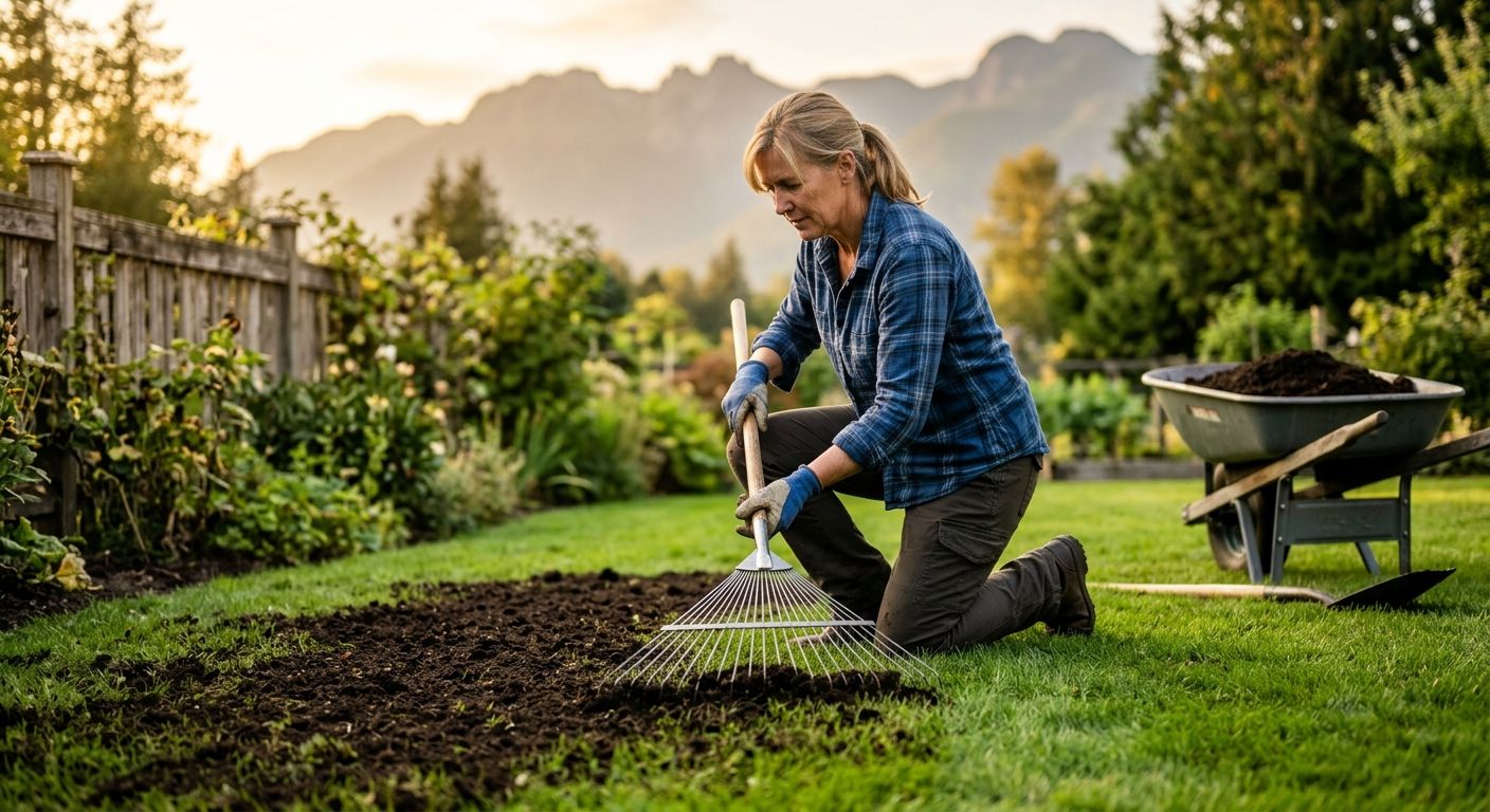 Homeowner kneeling on a green lawn in the Fraser Valley spreading dark compost with a fan rake during golden hour, with Coastal Mountains softly blurred in the background
