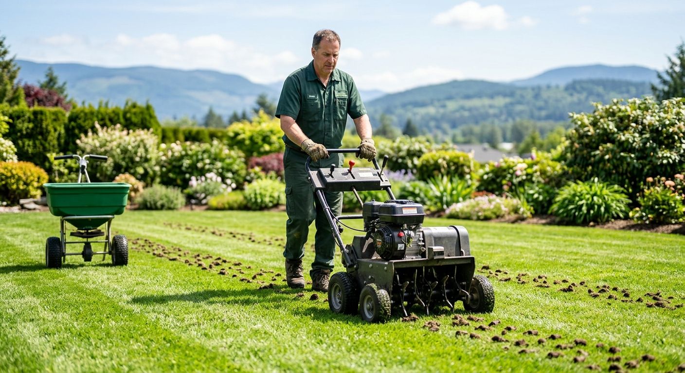Professional lawn aeration service in Langley, technician operating core aerator on lush lawn with Fraser Valley background.