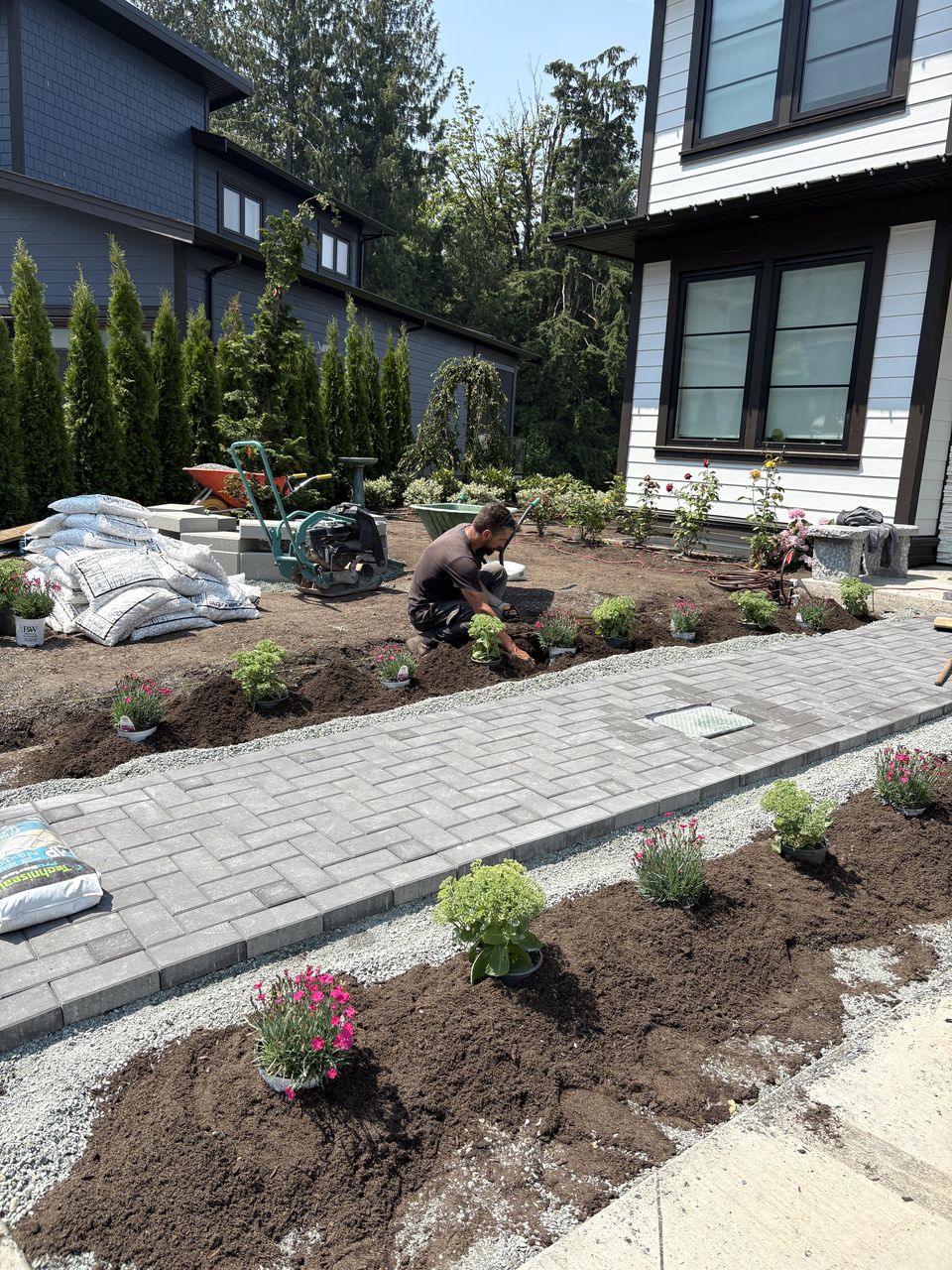 Paver walkway with planting beds by Hughes Landscaping, Chilliwack