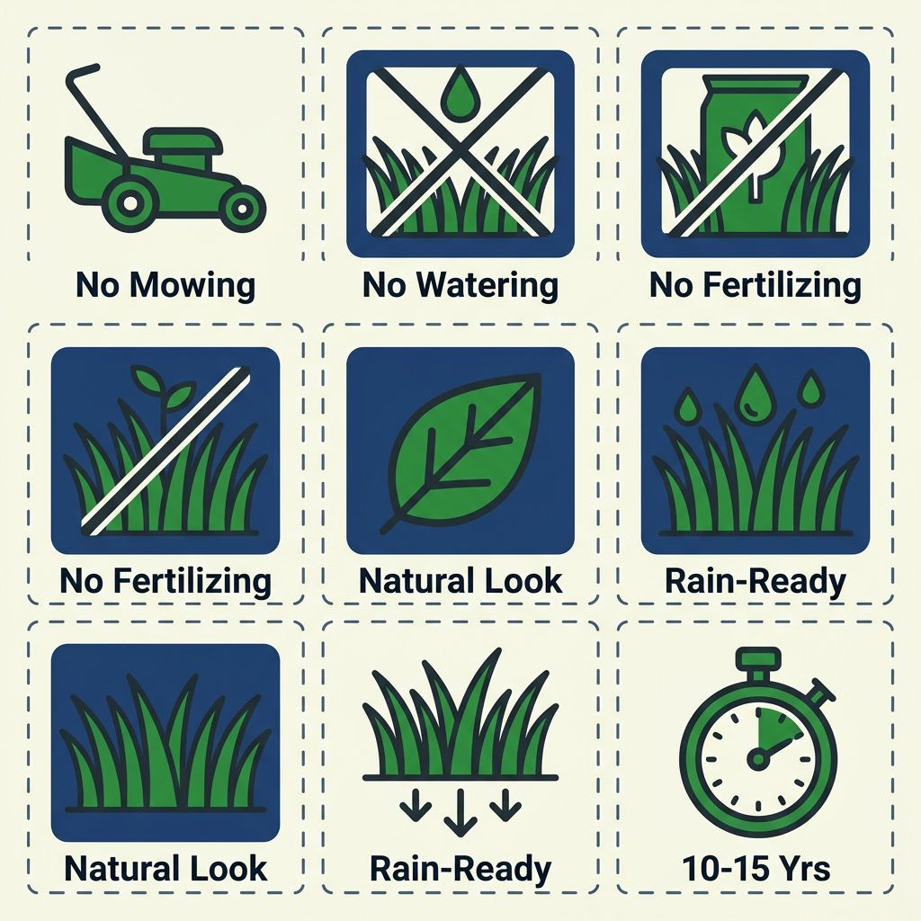 Icon grid of artificial grass benefits: no mowing, no watering, no fertilizing, natural look, rain-ready drainage, durable 10-15 year lifespan. Forest green and navy on cream background.