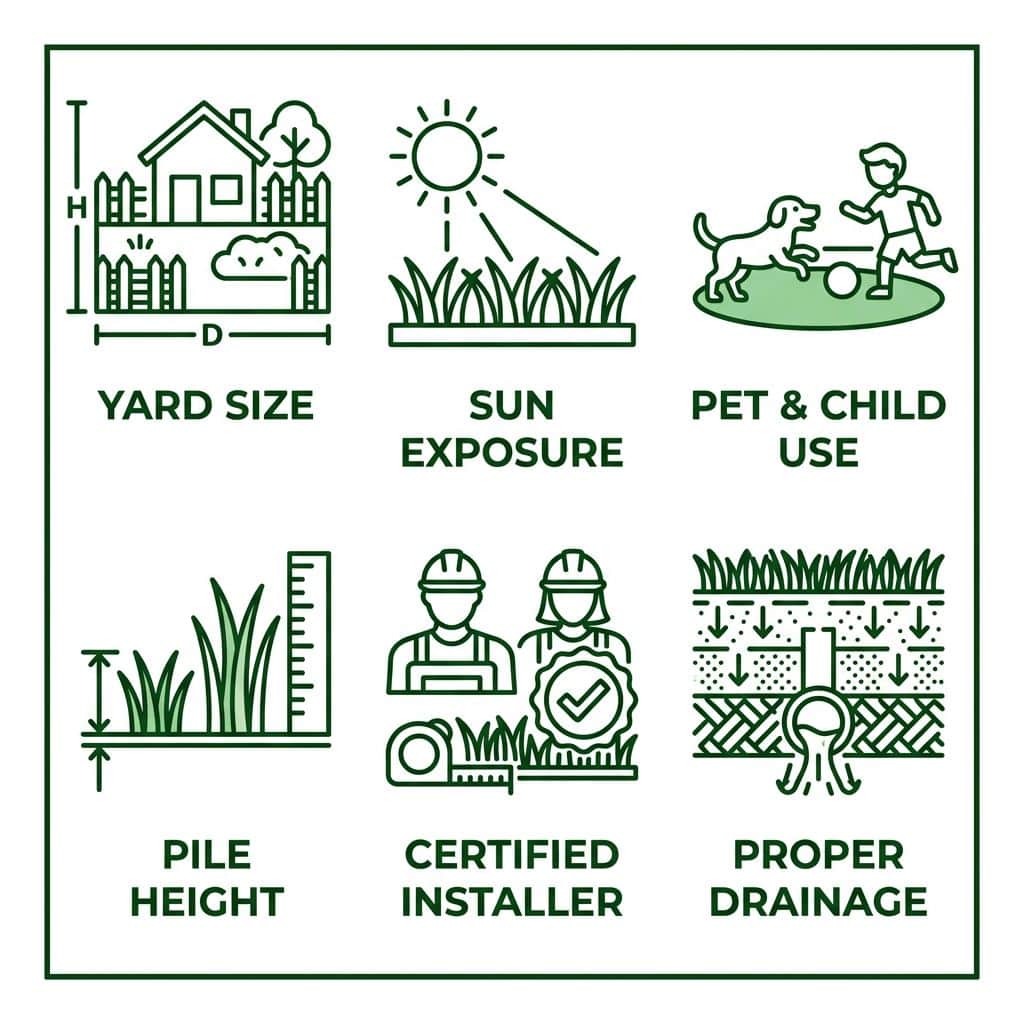 Landscape design icon set showing six key factors for selecting artificial grass in Surrey, British Columbia.